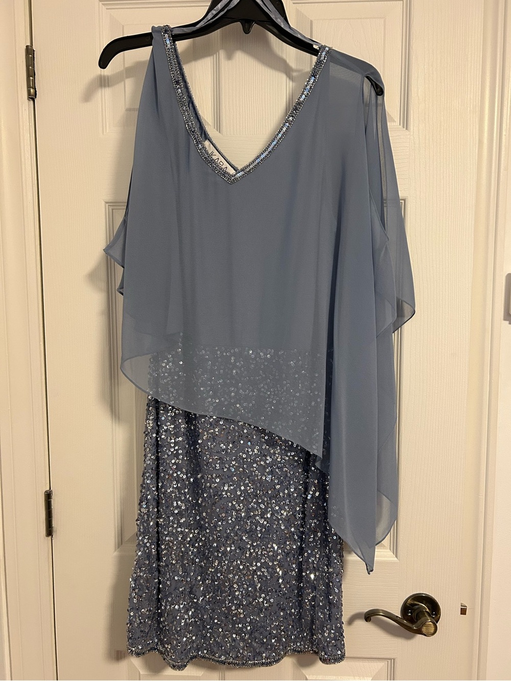 Dusty Blue Sequin Dress with Chiffon Cape